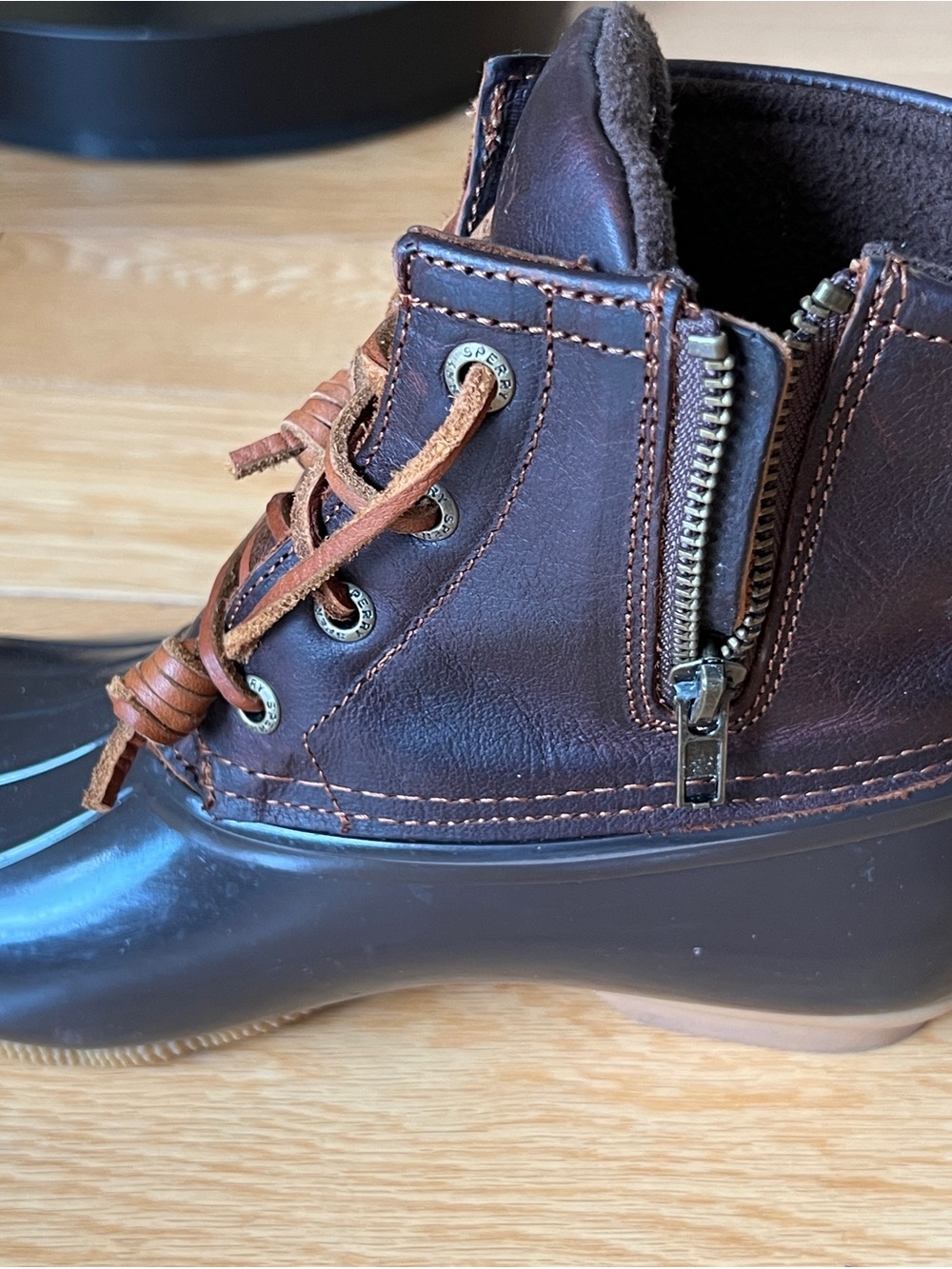 Sperry Women's Dark Brown Leather Lace-Up Ankle Duck Boot with Side Zip